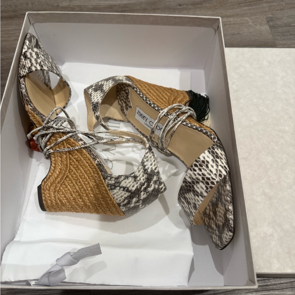 Jimmy Choo Deva 85 Roccia Snakeskin Leather Wrap Around Tassel Wedge Sandal - Picture 8 of 10